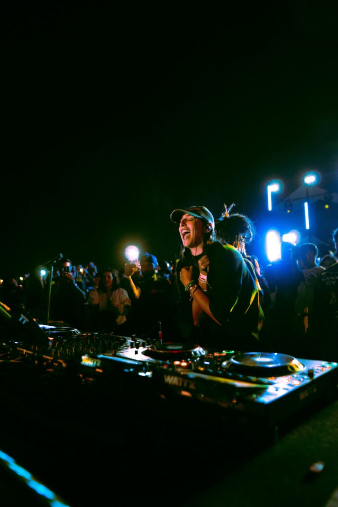 DJ performing at a lively night festival with enthusiastic crowd.
